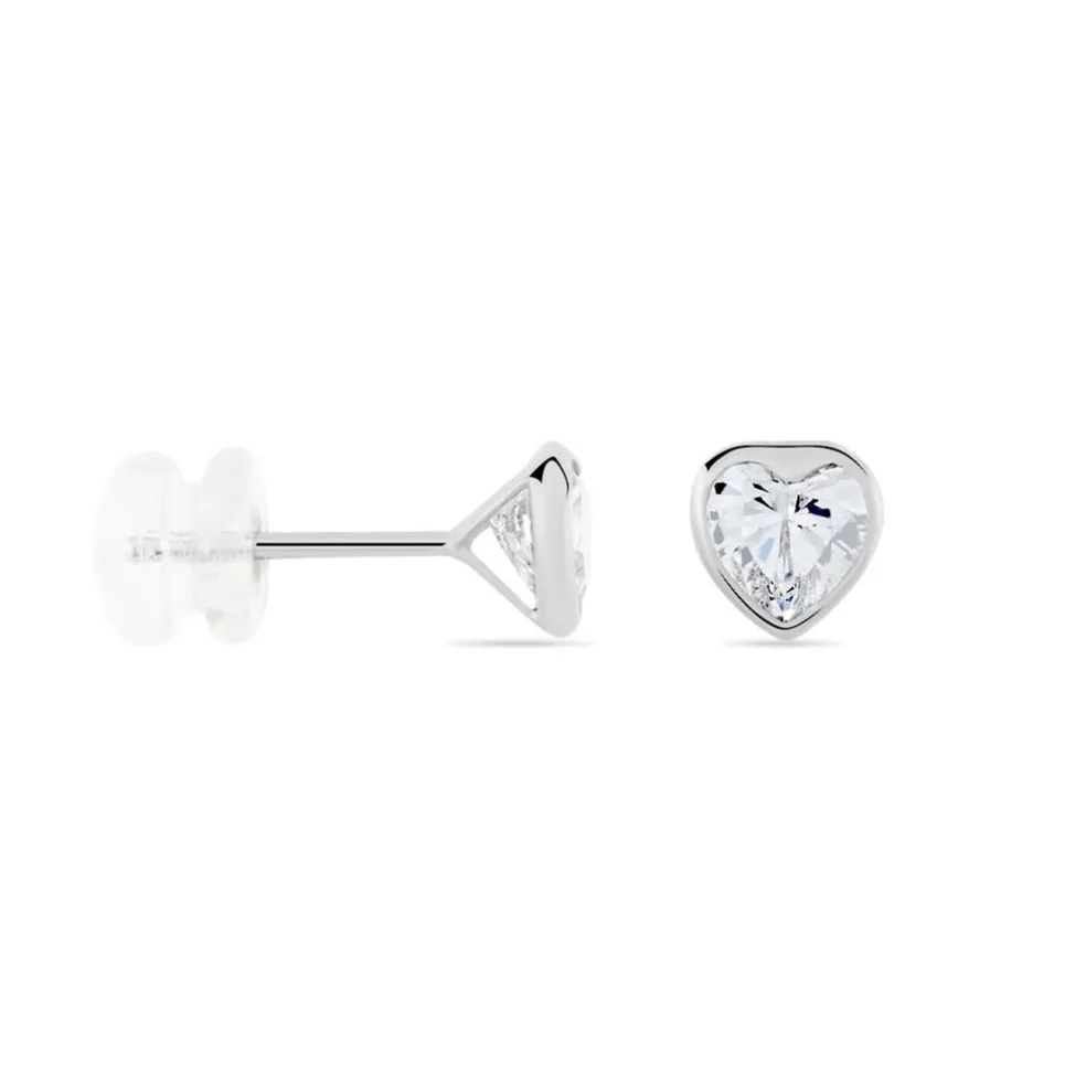 Boucles D'oreilles Puces Coeur Serti Clos Or Blanc Oxyde De Zirconium