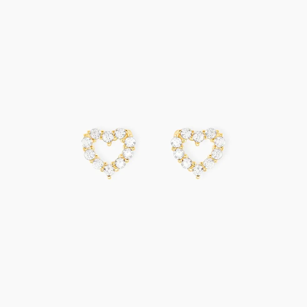 Boucles D'oreilles Puces Coeur Ajoure Or Jaune Oxyde De Zirconium