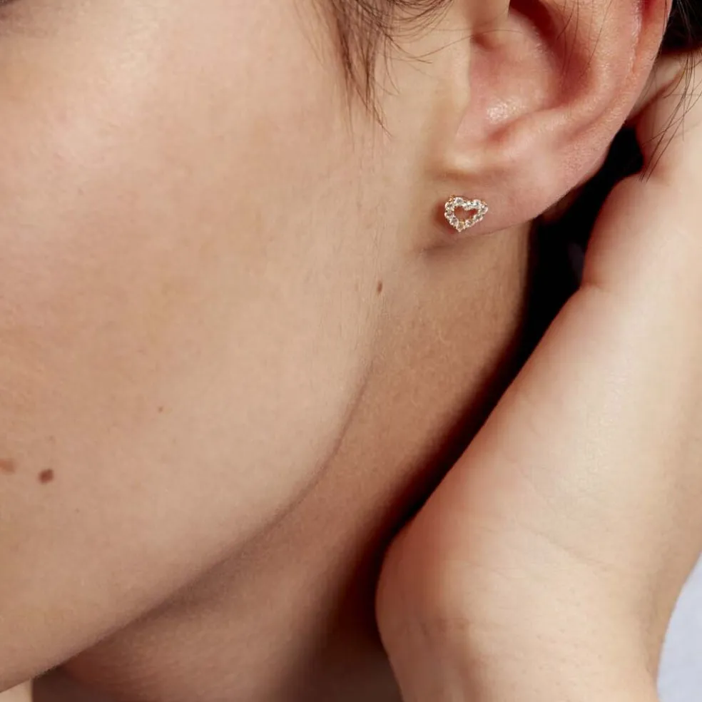Boucles D'oreilles Puces Coeur Ajoure Or Jaune Oxyde De Zirconium