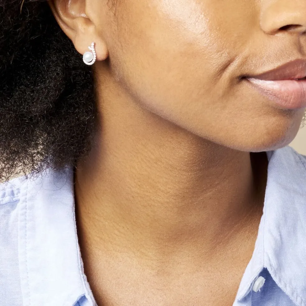 Boucles D'oreilles Puces Cyrana Argent Blanc Perle De Culture Et Oxyde