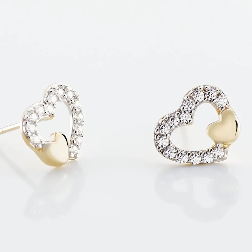 Boucles D'oreilles Puces Daria Double Coeurs Or Jaune Oxyde