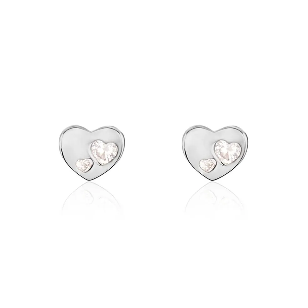 Boucles D'oreilles Puces Daria Coeur Plein Or Blanc Oxyde De Zirconium