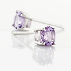 Boucles D'oreilles Puces Elea Serti Griffes 3 Or Blanc Amethyste