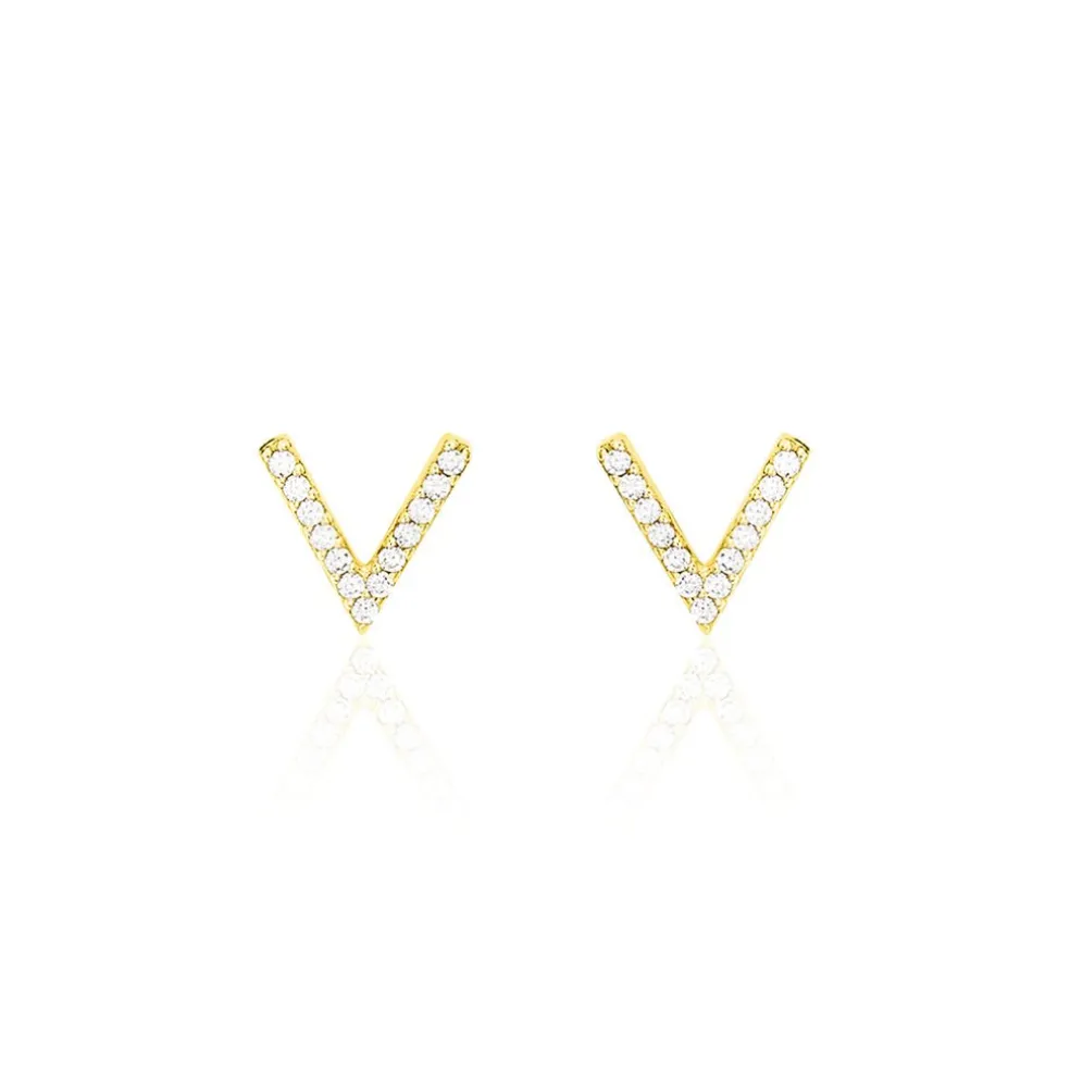 Boucles D'oreilles Puces Enimia Motif V Or Jaune Oxyde De Zirconium