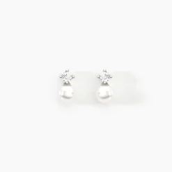 Boucles D'oreilles Puces Eolande Or Blanc Perle De Culture Et Oxyde