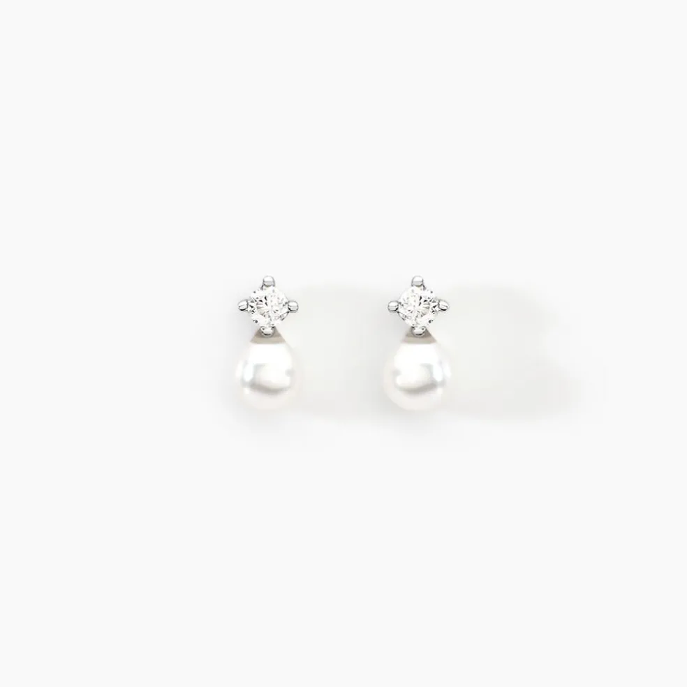 Boucles D'oreilles Puces Eolande Or Blanc Perle De Culture Et Oxyde