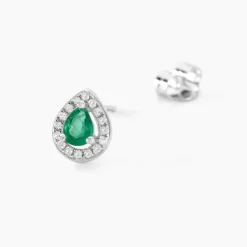 Boucles D'oreilles Puces Elheme Or Blanc Emeraude Et Diamant