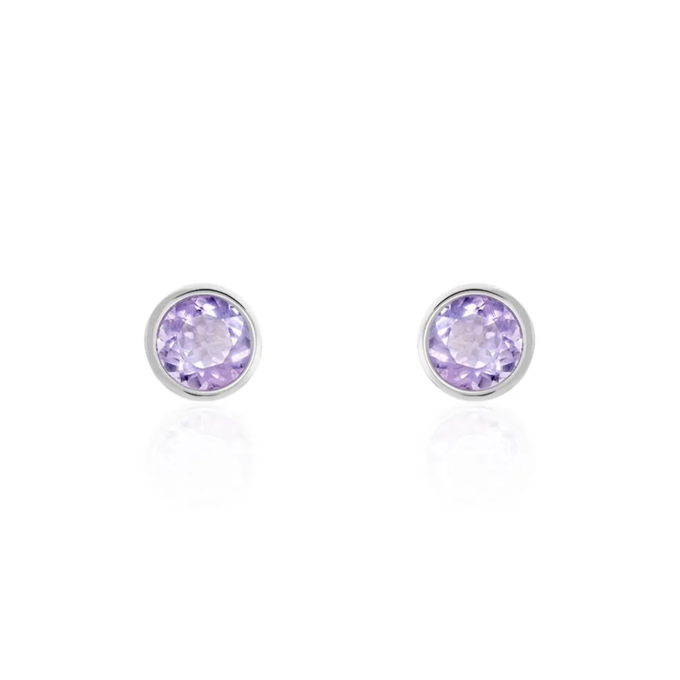 Boucles D'oreilles Puces Edy Serti Clos Or Blanc Amethyste