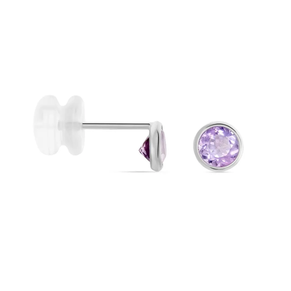 Boucles D'oreilles Puces Edy Serti Clos Or Blanc Amethyste