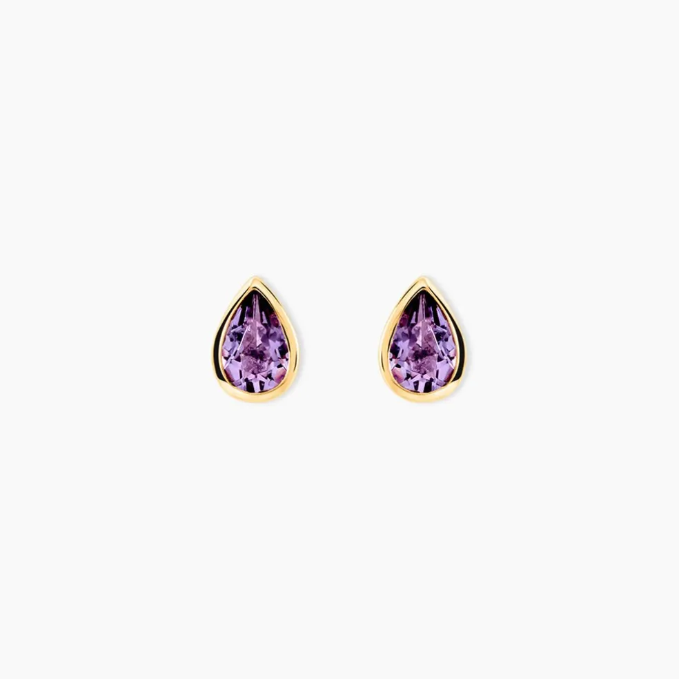 Boucles D'oreilles Puces Fassia Or Jaune Amethyste