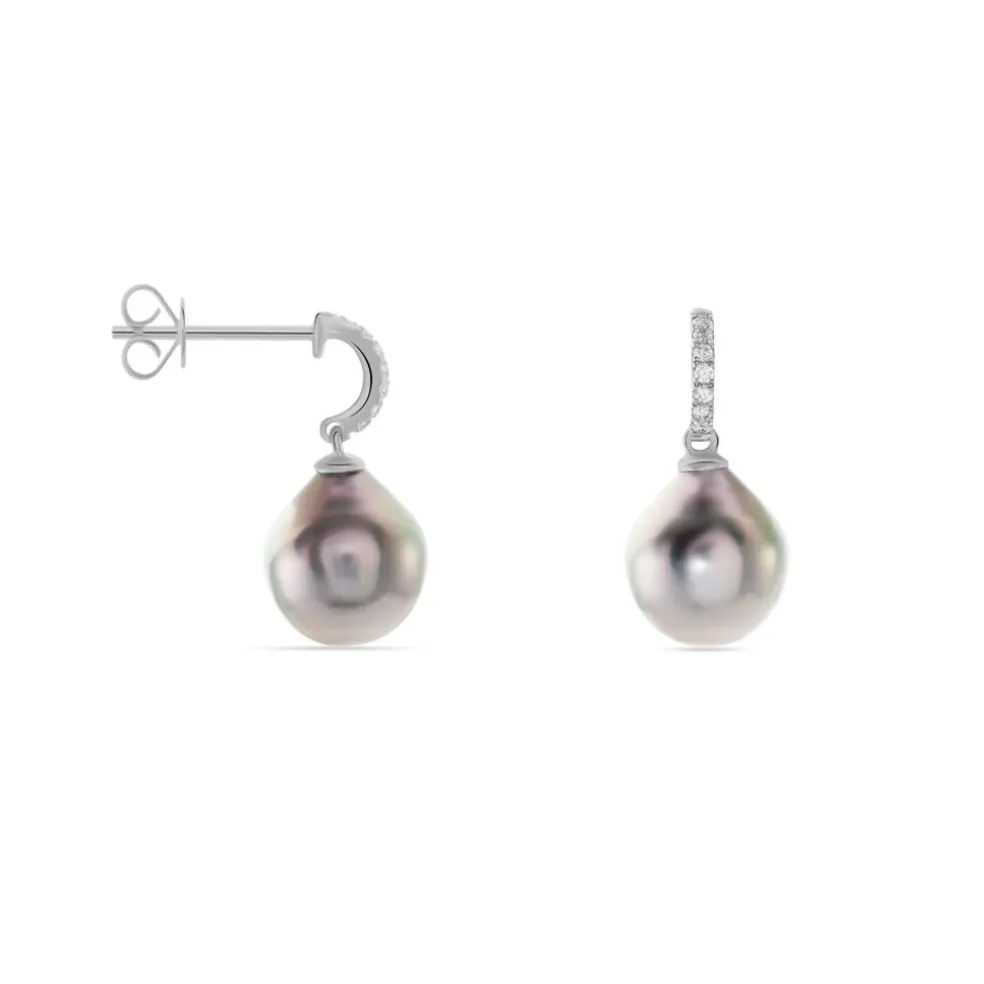 Boucles D'oreilles Puces Gatiene Or Blanc Perle De Culture Et Diamant