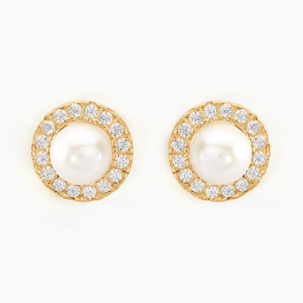 Boucles D'oreilles Puces Grizel Or Jaune Perle De Culture Et Oxyde