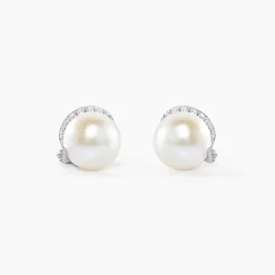 Boucles D'oreilles Puces Lucinda Or Blanc Perle De Culture Et Oxyde
