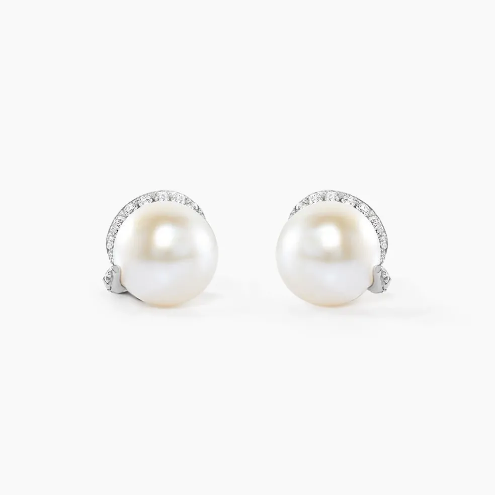 Boucles D'oreilles Puces Lucinda Or Blanc Perle De Culture Et Oxyde