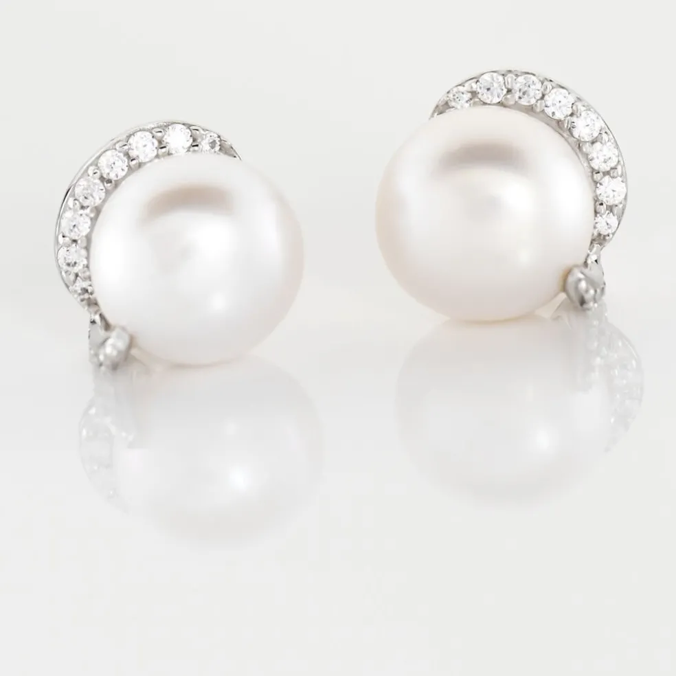 Boucles D'oreilles Puces Lucinda Or Blanc Perle De Culture Et Oxyde