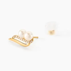 Boucles D'oreilles Puces Loeva Or Jaune Perle De Culture Et Oxyde