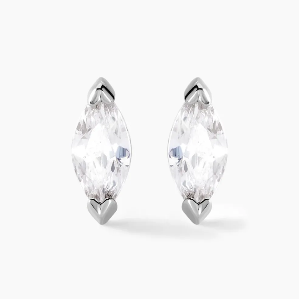 Boucles D'oreilles Puces Navette Argent Blanc Oxyde De Zirconium