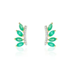 Boucles D'oreilles Puces Navette Or Jaune Emeraude Diamant