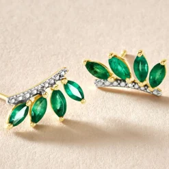 Boucles D'oreilles Puces Navette Or Jaune Emeraude Diamant