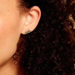 Boucles D'oreilles Puces Navette Or Jaune Emeraude Diamant