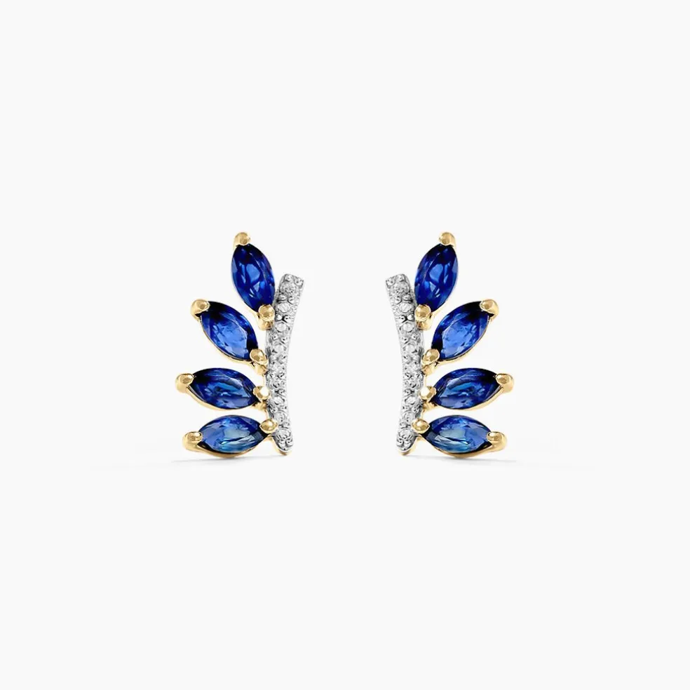 Boucles D'oreilles Puces Navette Or Jaune Saphir Diamant