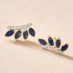 Boucles D'oreilles Puces Navette Or Jaune Saphir Diamant