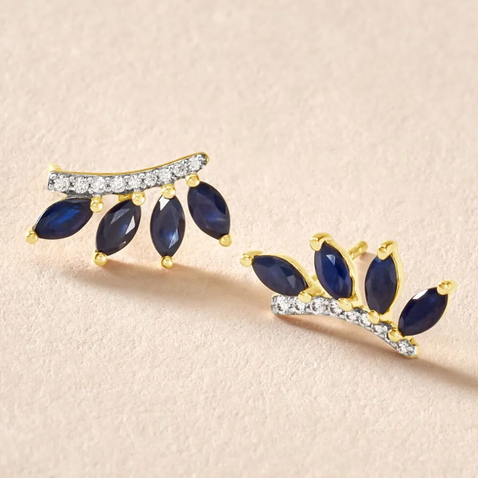 Boucles D'oreilles Puces Navette Or Jaune Saphir Diamant