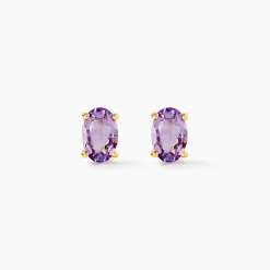 Boucles D'oreilles Puces Ovale Serti Griffe Or Jaune Amethyste