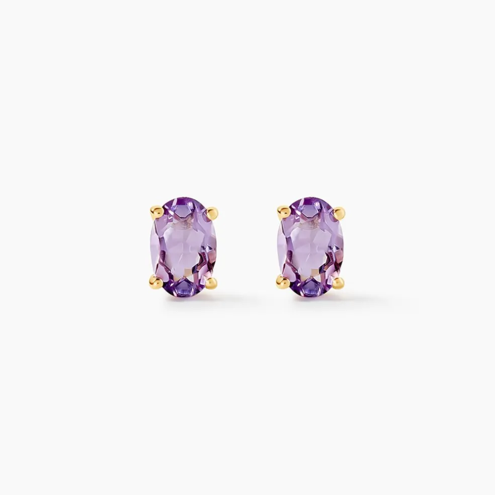 Boucles D'oreilles Puces Ovale Serti Griffe Or Jaune Amethyste