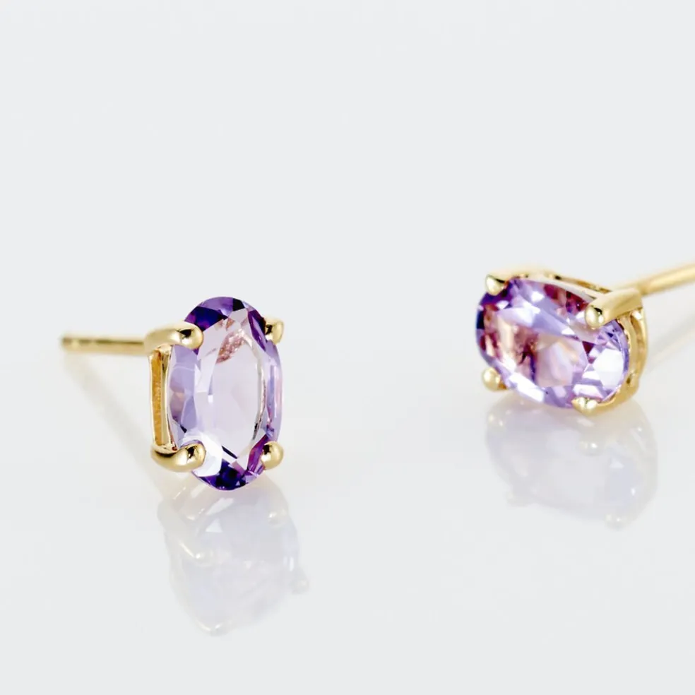 Boucles D'oreilles Puces Ovale Serti Griffe Or Jaune Amethyste