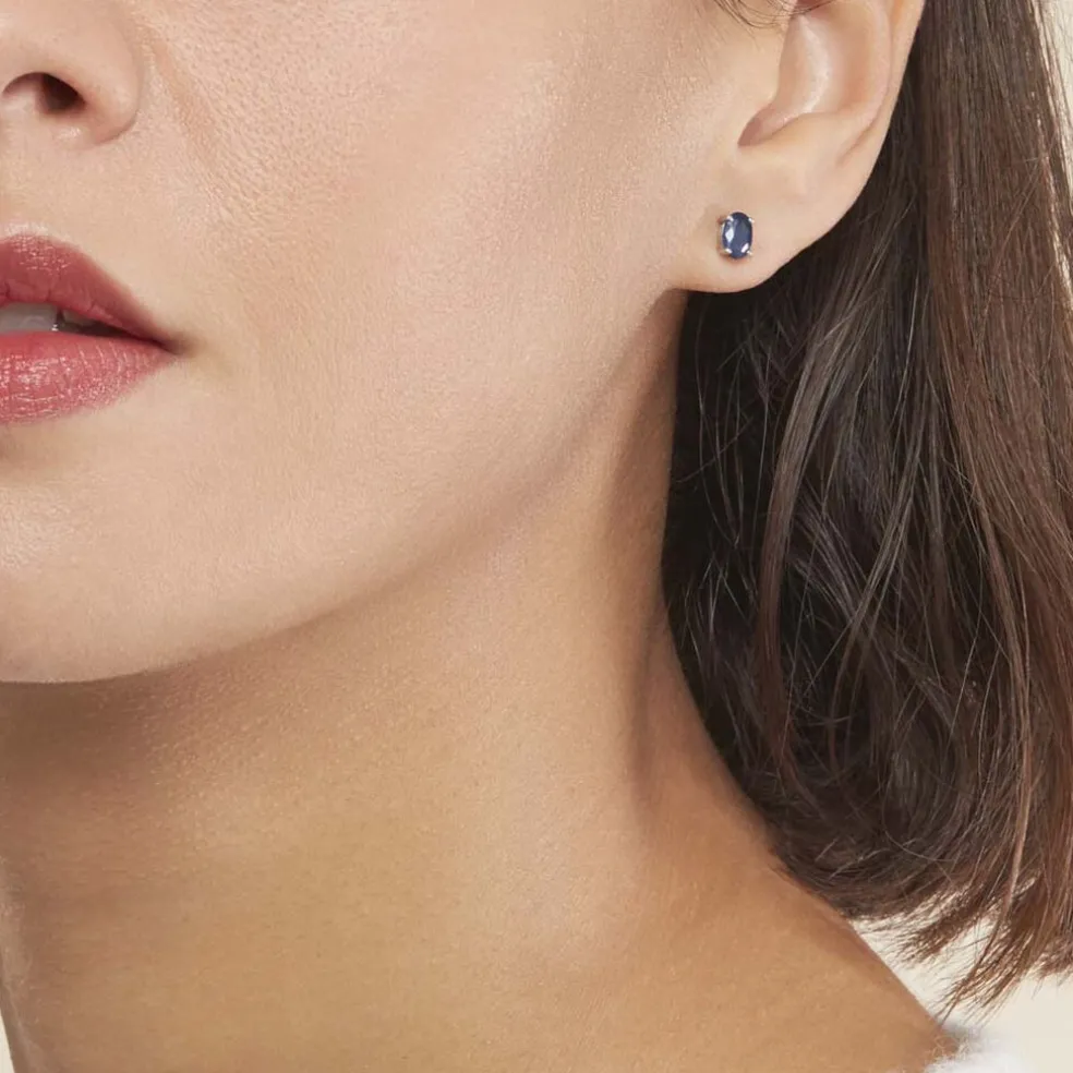 Boucles D'oreilles Puces Ovale Or Blanc Saphir