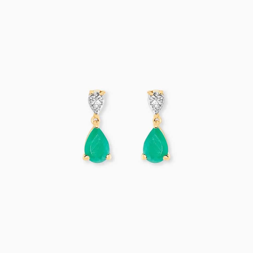 Boucles D'Oreilles Puces Porfirio Or Jaune Emeraude Diamant