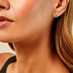 Boucles D'Oreilles Puces Porfirio Or Jaune Emeraude Diamant