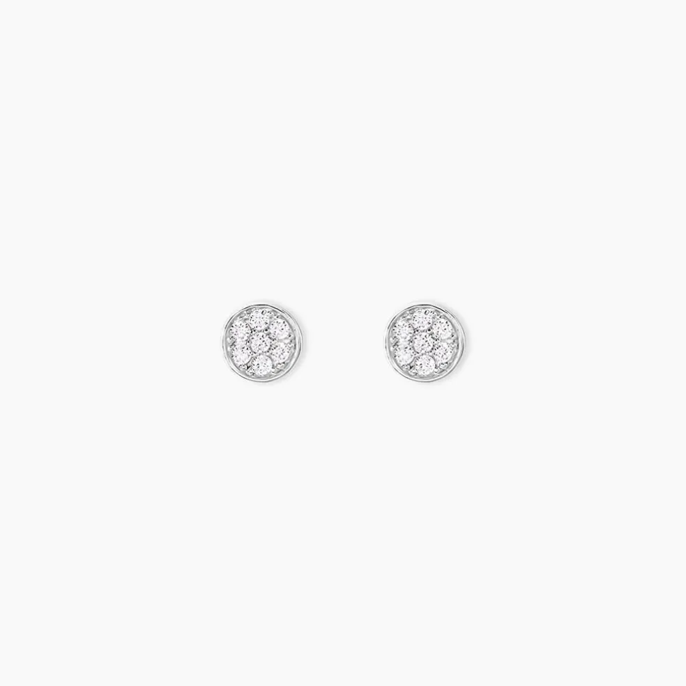 Boucles D'oreilles Puces Pastille Serti Clos Or Blanc Oxyde