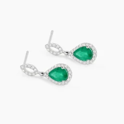 Boucles D'oreilles Puces Sissi Or Blanc Diamant Et Emeraude