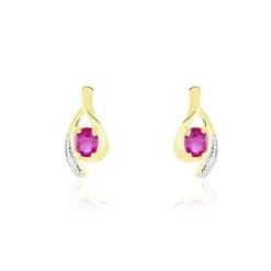 Boucles D'oreilles Puces Sagesse Or Jaune Rubis Et Diamant