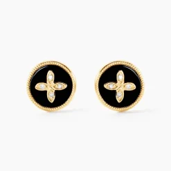 Boucles D'oreilles Puces Talisman Or Jaune Agate Diamant