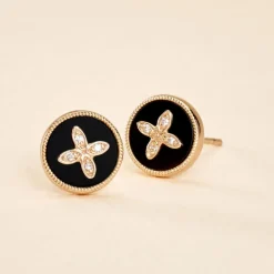 Boucles D'oreilles Puces Talisman Or Jaune Agate Diamant