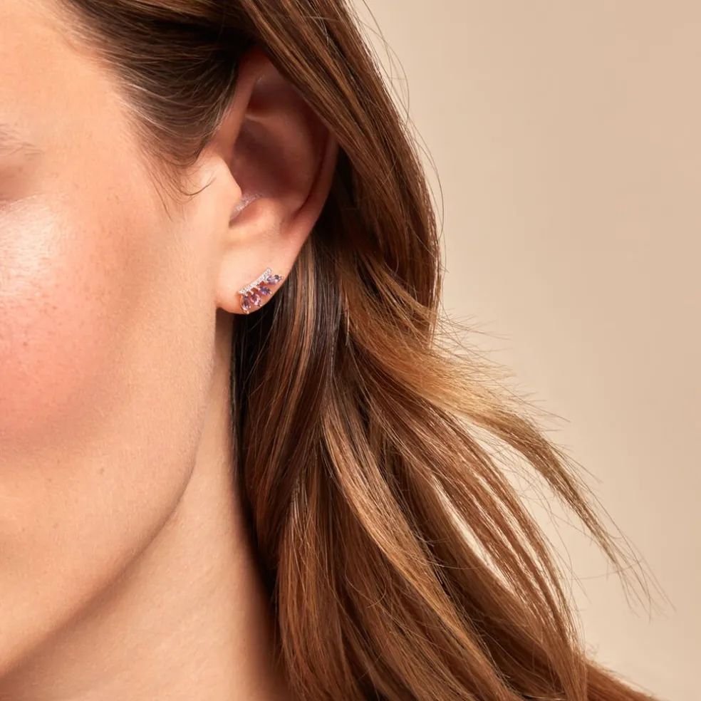 Boucles D'oreilles Puces Tiara Or Jaune Améthyste Oxyde De Zirconium