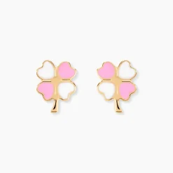 Boucles D'oreilles Puces Trefle Email Or Jaune