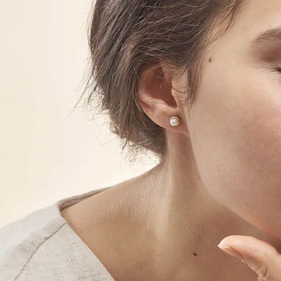 Boucles D'oreilles Puces Valliamee Diamante Or Jaune Perle De Culture