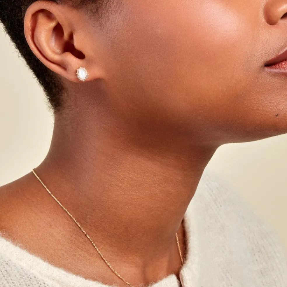 Boucles D'oreilles Puces Vintage Love Plaqué Or Jaune Pierre De Lune