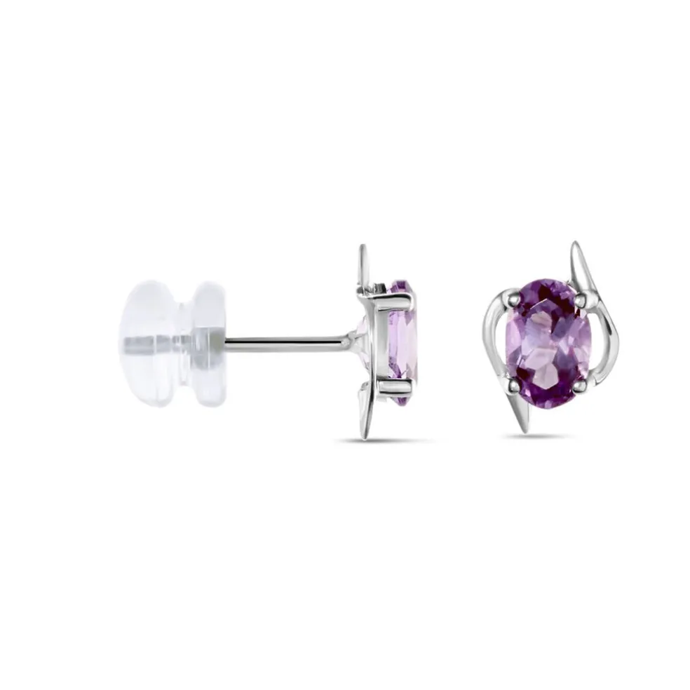 Boucles D'oreilles Puces Vrille Ovale Or Blanc Amethyste