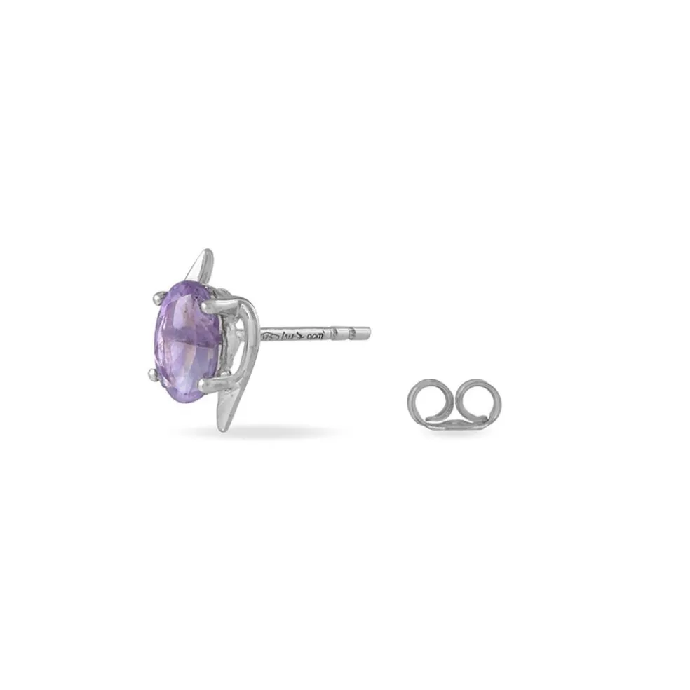 Boucles D'oreilles Puces Vrille Ovale Or Blanc Amethyste