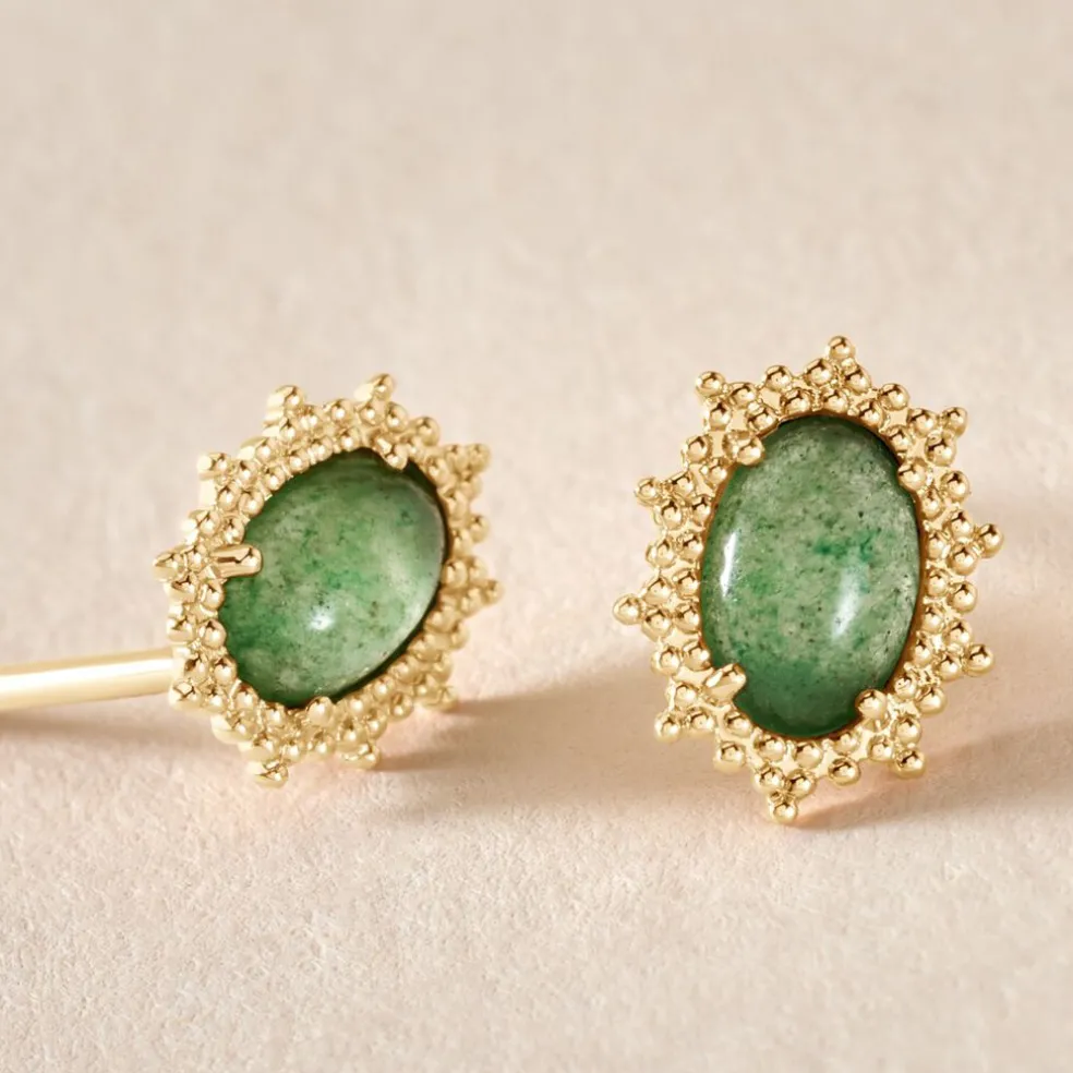 Boucles D'oreilles Puces Vintage Love Plaqué Or Jaune Aventurine