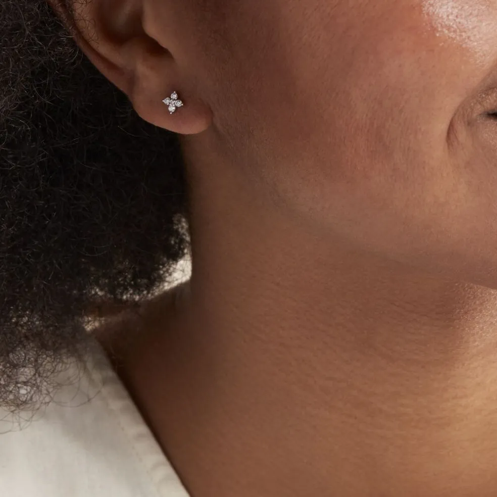 Boucles D'oreilles Puces Winter Flower Or Blanc Oxyde De Zirconium