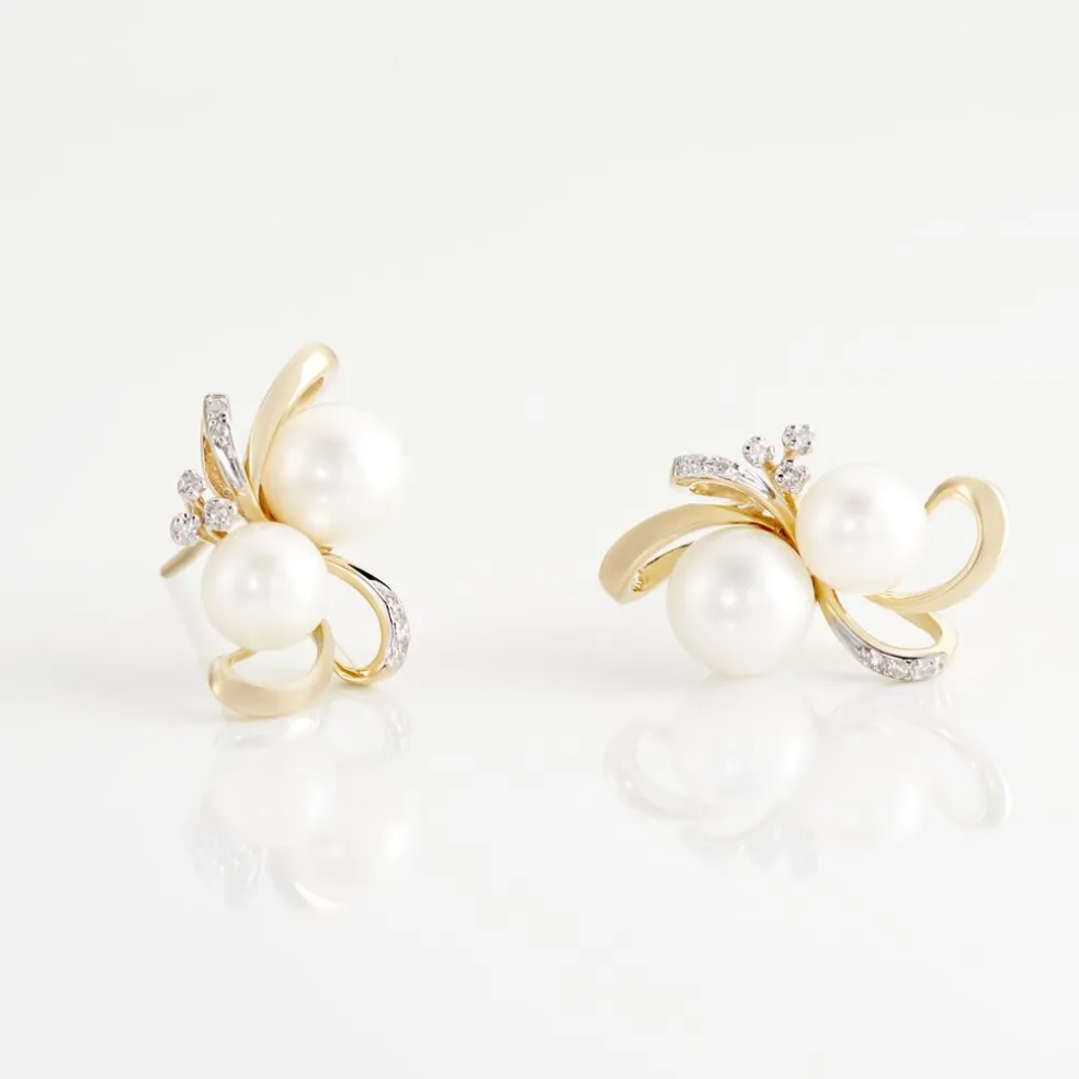 Boucles D'oreilles Puces Wandula Or Jaune Perle De Culture Et Diamant