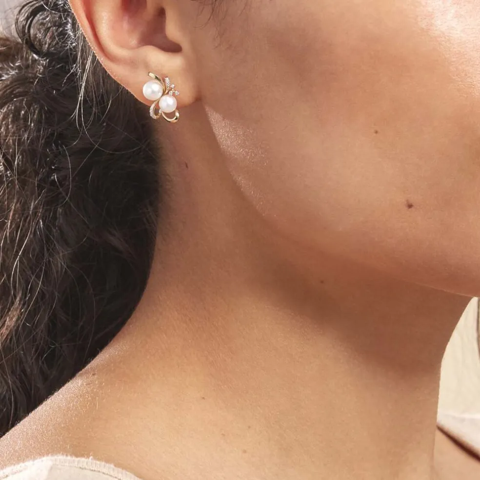 Boucles D'oreilles Puces Wandula Or Jaune Perle De Culture Et Diamant