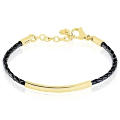 Bracelet Boshra Acier Dore Cuir Noir