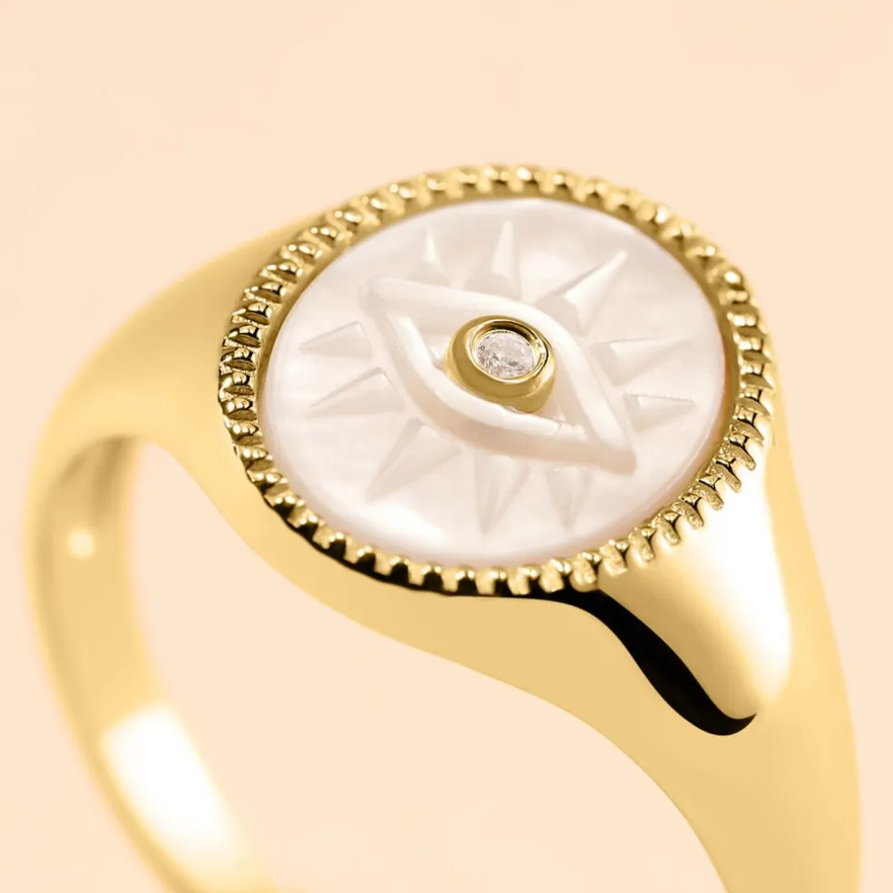 Chevalière Goddess Argent Doré Nacre Oxyde De Zirconium